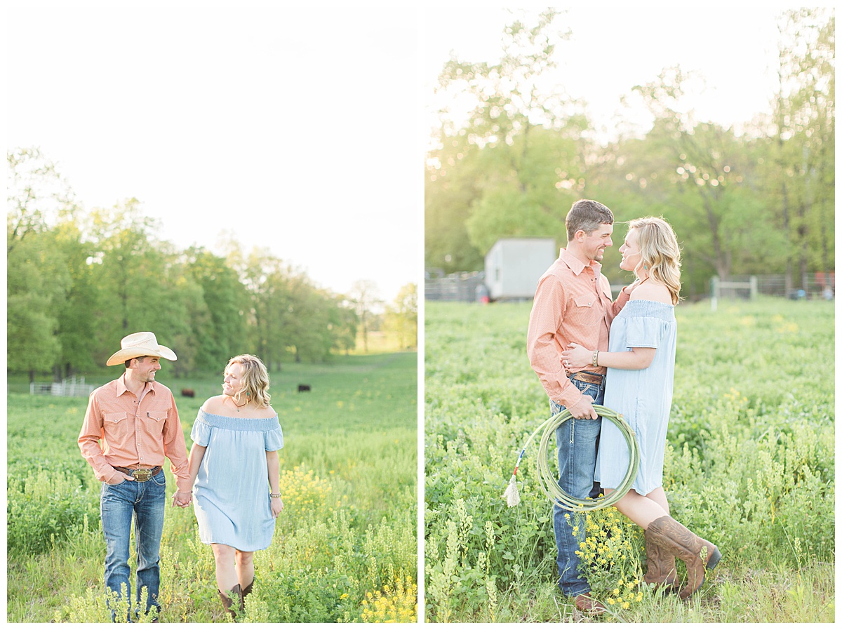 An Engagement Session in the spring with rolling hills, cows, and pup - Alaina Kristine